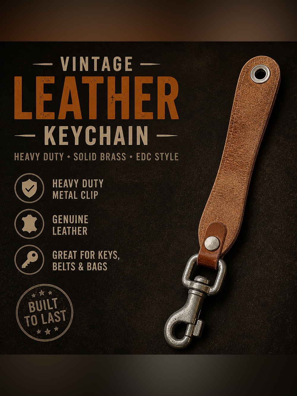 Source Unknown Brown Vintage Leather Keychain with Metal Clip